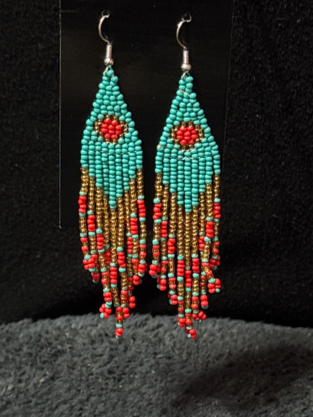 Handmade Turquoise Beaded Fringe Earrings with Coral Accents